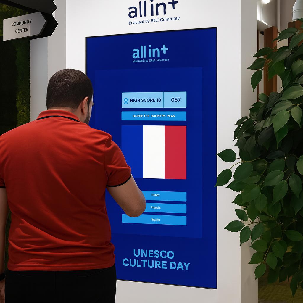 Participants playing the interactive Guess the Flag game at an event, engaging with a fun, branded quiz experience that tests geographical knowledge in a lively setting.